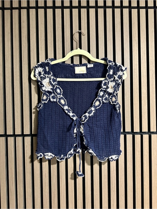 Guinevere Tops - Anthropologie Guinevere Navy Cotton V-Neck Tie Front Crochet Sweater Vest M Boho
